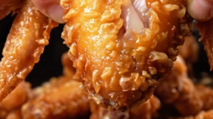 Golden crispy chicken wings tossed with red chilies and green onions in a wok