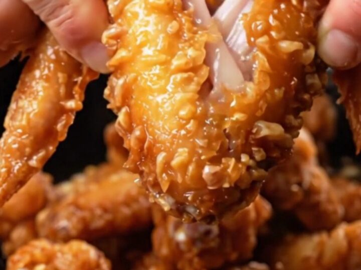 Golden crispy chicken wings tossed with red chilies and green onions in a wok