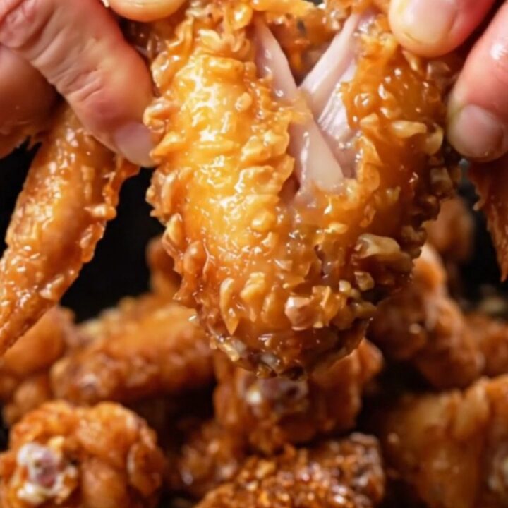 Golden crispy chicken wings tossed with red chilies and green onions in a wok