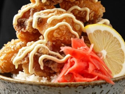Japanese crispy karaage rice bowl with Kewpie mayo and pickled ginger