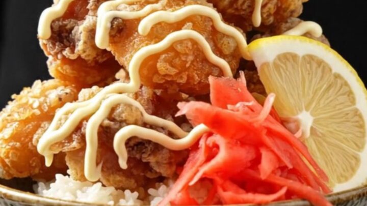 Japanese crispy karaage rice bowl with Kewpie mayo and pickled ginger
