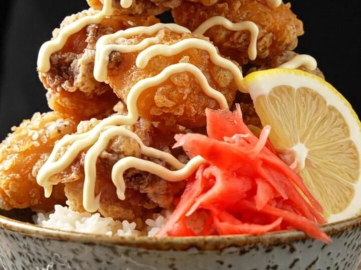 Japanese crispy karaage rice bowl with Kewpie mayo and pickled ginger