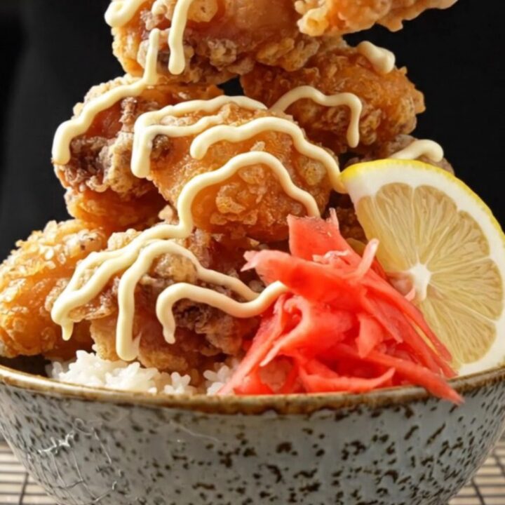 Japanese crispy karaage rice bowl with Kewpie mayo and pickled ginger