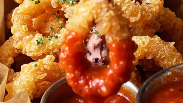 Crispy fried calamari rings and tentacles piled on a plate with lemon wedges and a small bowl of spicy red marinara sauce