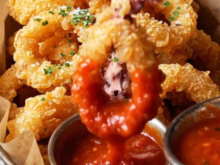 Crispy fried calamari rings and tentacles piled on a plate with lemon wedges and a small bowl of spicy red marinara sauce