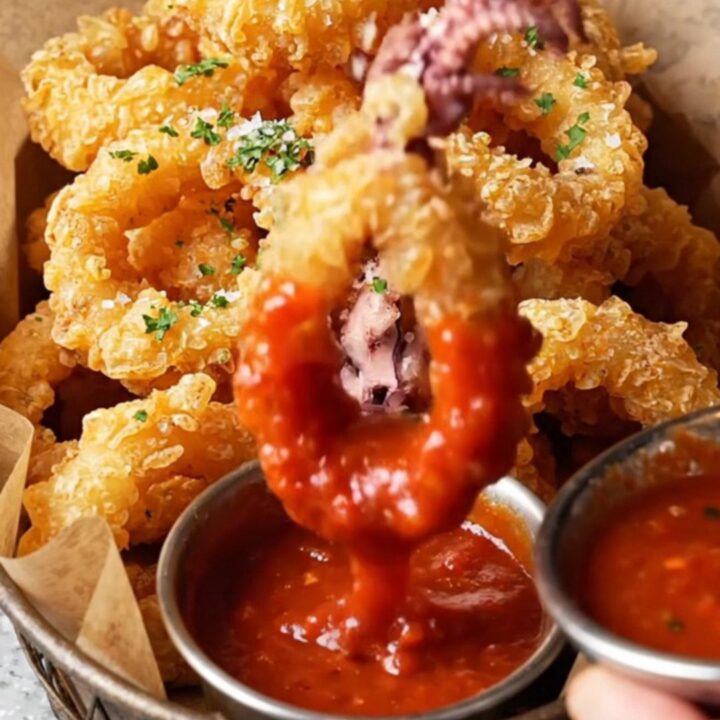 Crispy fried calamari rings and tentacles piled on a plate with lemon wedges and a small bowl of spicy red marinara sauce