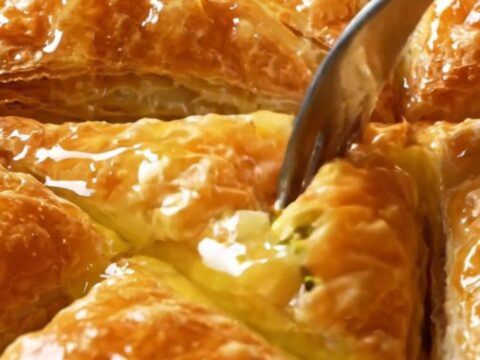 Golden Turkish Şöbiyet baklava triangles with creamy pistachio filling, drizzled with syrup.