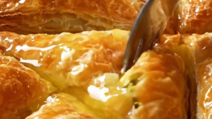 Golden Turkish Şöbiyet baklava triangles with creamy pistachio filling, drizzled with syrup.