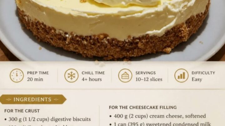 A slice of creamy no-bake cheesecake on a plate with whipped cream rosettes and biscuit crumbs.