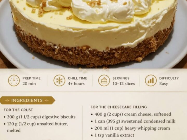 A slice of creamy no-bake cheesecake on a plate with whipped cream rosettes and biscuit crumbs.