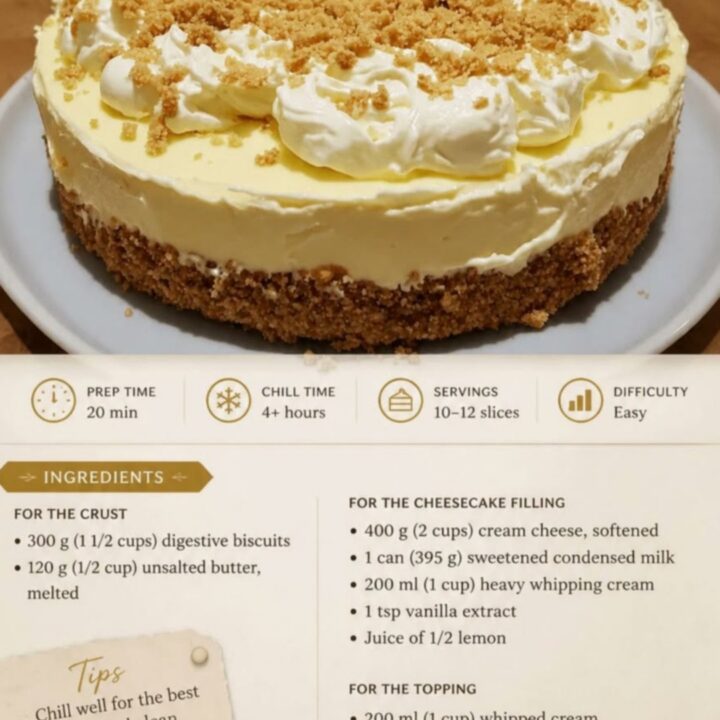 A slice of creamy no-bake cheesecake on a plate with whipped cream rosettes and biscuit crumbs.