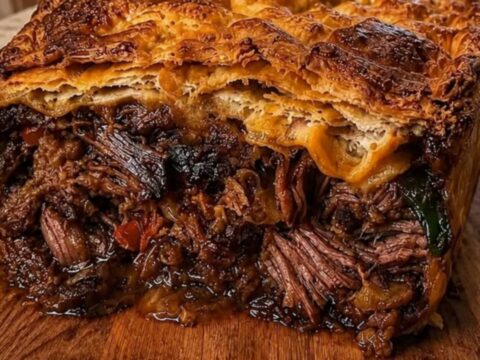 A golden, flaky beef brisket pie sitting on a rustic wooden cutting board in a warm, cozy kitchen.