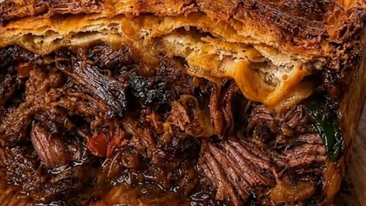 A golden, flaky beef brisket pie sitting on a rustic wooden cutting board in a warm, cozy kitchen.
