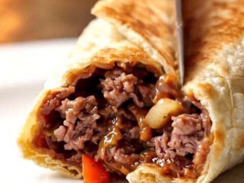 Crispy golden Antakya dürüm sliced in half showing juicy kebab, sumac onions, and parsley