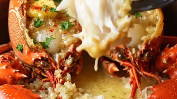 Broiled lobster tails with garlic cream sauce over jasmine rice