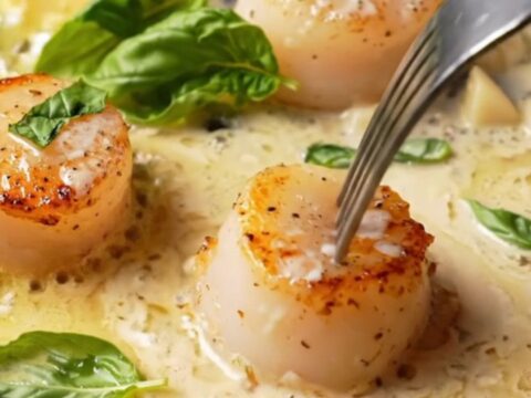 Golden seared scallops in creamy garlic butter sauce with fresh basil