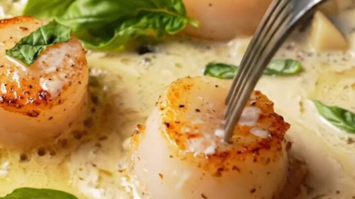 Golden seared scallops in creamy garlic butter sauce with fresh basil