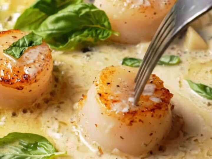 Golden seared scallops in creamy garlic butter sauce with fresh basil