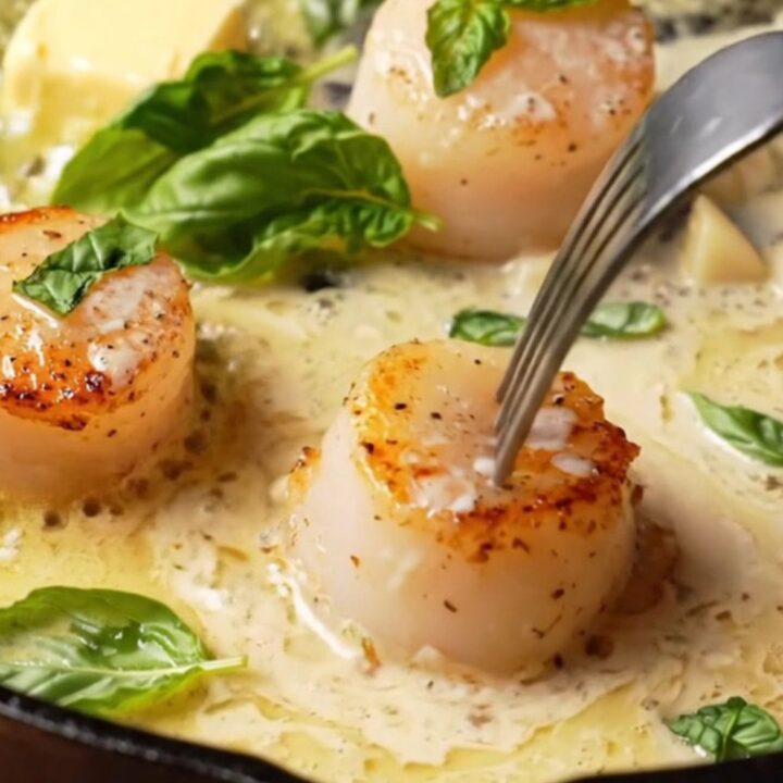 Golden seared scallops in creamy garlic butter sauce with fresh basil