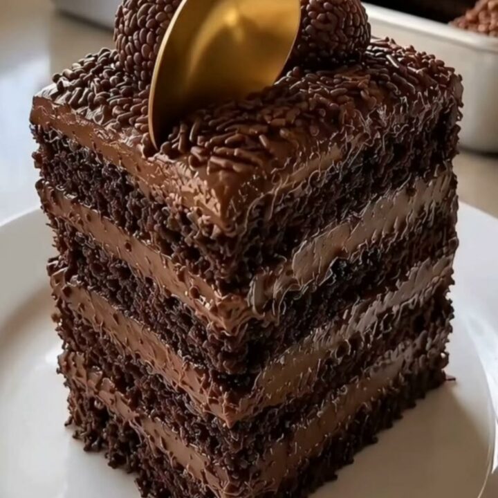 A tall, multi-layer square chocolate cake topped with brigadeiro truffles and a gold spoon on a white plate.