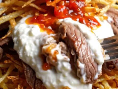 Turkish Çökertme Kebabı platter with crispy matchstick potatoes, garlic yogurt, seared beef, and tomato butter sauce.