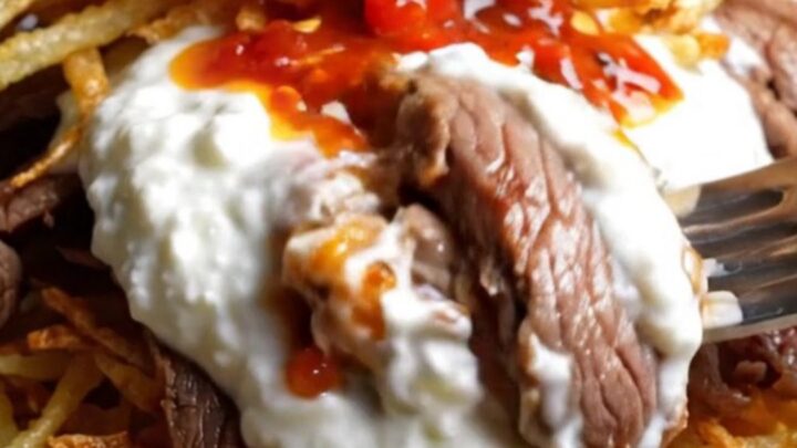 Turkish Çökertme Kebabı platter with crispy matchstick potatoes, garlic yogurt, seared beef, and tomato butter sauce.