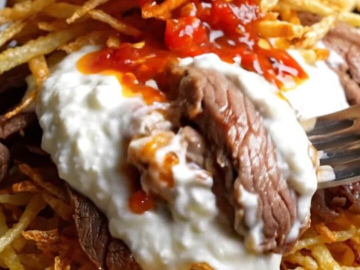 Turkish Çökertme Kebabı platter with crispy matchstick potatoes, garlic yogurt, seared beef, and tomato butter sauce.