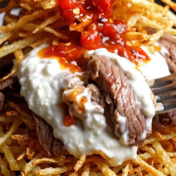 Turkish Çökertme Kebabı platter with crispy matchstick potatoes, garlic yogurt, seared beef, and tomato butter sauce.