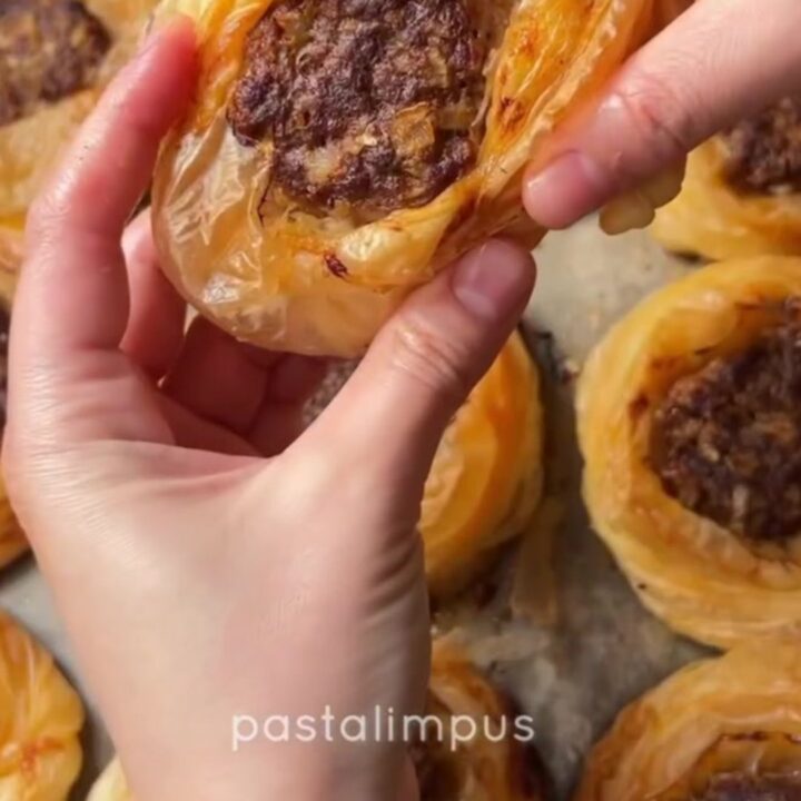 Crispy Antakya kaytaz böreği with spiced beef and pomegranate molasses, golden and blistered