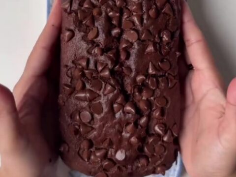 Fudgy double chocolate banana bread loaf with a crackly top and melted chocolate chips