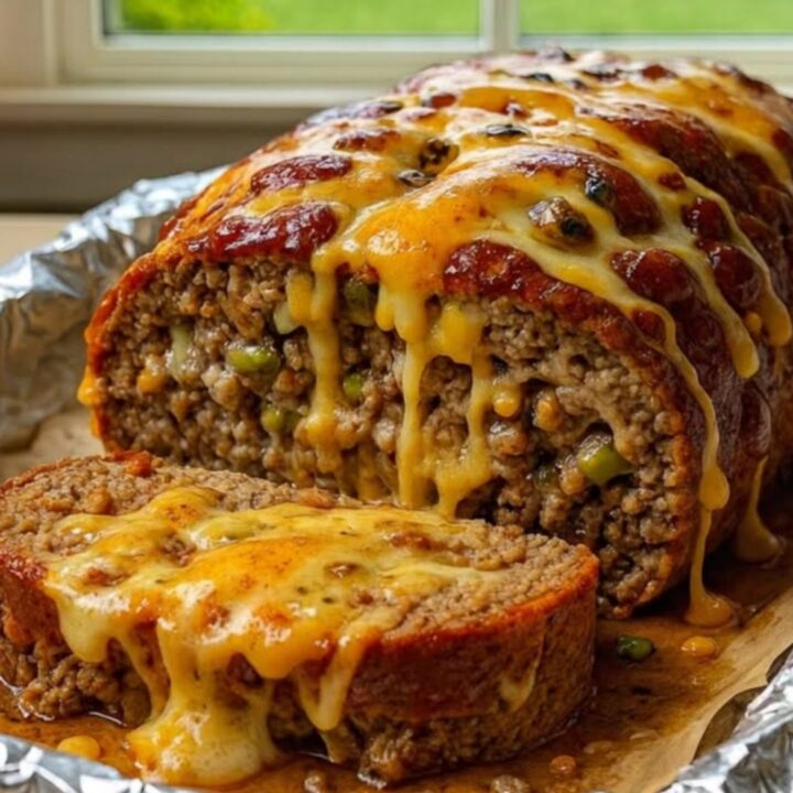 A slice of Philly Cheesesteak meatloaf showing a melted cheese center and a glossy glaze.