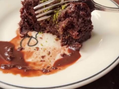 A dark, glossy Turkish wet chocolate cake topped with crushed green pistachios, with a fork lifting a moist slice.