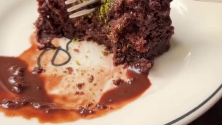 A dark, glossy Turkish wet chocolate cake topped with crushed green pistachios, with a fork lifting a moist slice.