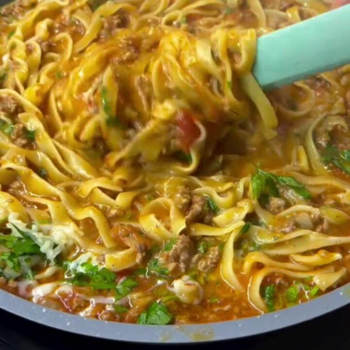 A bowl of tagliatelle with slow-simmered roasted tomato beef ragu, topped with fresh basil and grated parmesan.