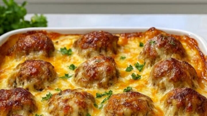 A close-up of a meatball casserole with melted cheese and rich marinara sauce in a white baking dish.