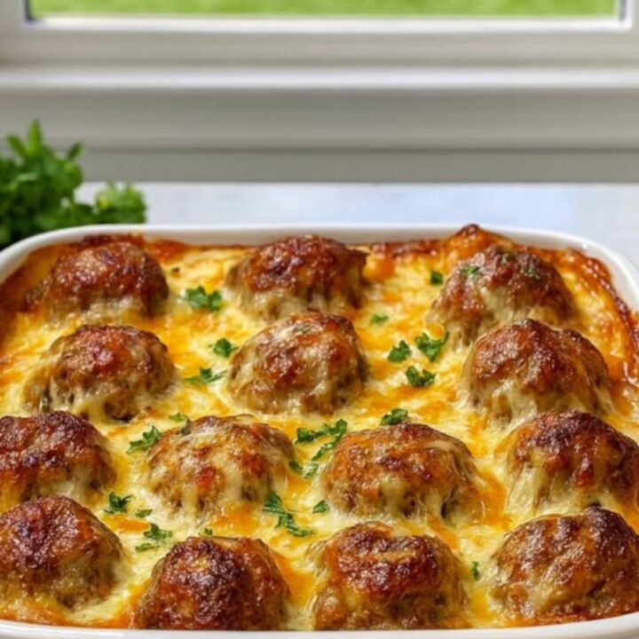 A close-up of a meatball casserole with melted cheese and rich marinara sauce in a white baking dish.