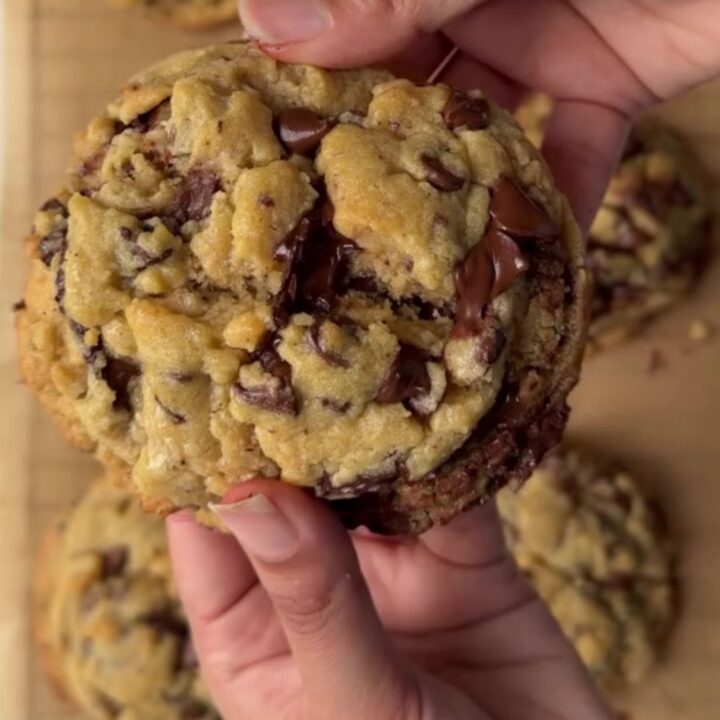 Two-chip bakery cookies with crispy edges and gooey centers on a cooling rack