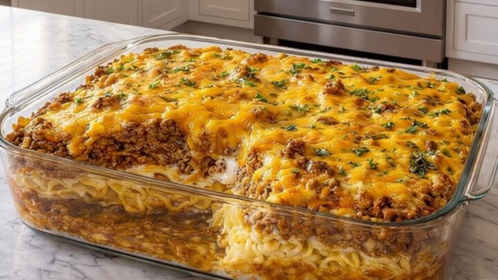 A steaming cheesy beef noodle casserole in a glass dish with a golden melted cheese top and parsley garnish.