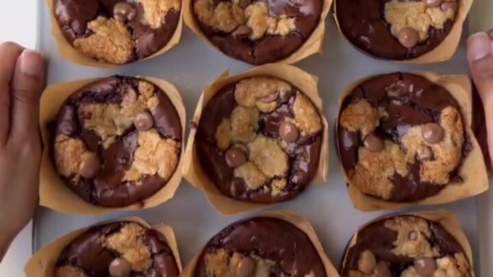 Golden brown brookie cups with gooey chocolate center and flaky sea salt on top