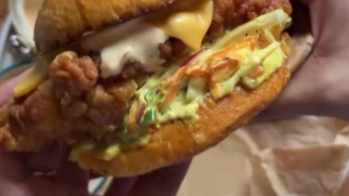 A tall fried chicken sandwich on a toasted brioche bun with pickles and spicy mayo, showing the craggy golden crust.
