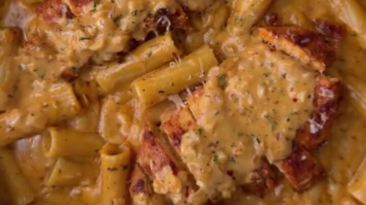Fettuccine in creamy garlic parmesan sauce with seared chicken cubes and chopped parsley