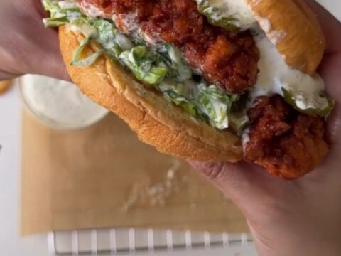 Crispy Nashville hot chicken sandwich on toasted brioche with coleslaw and pickles