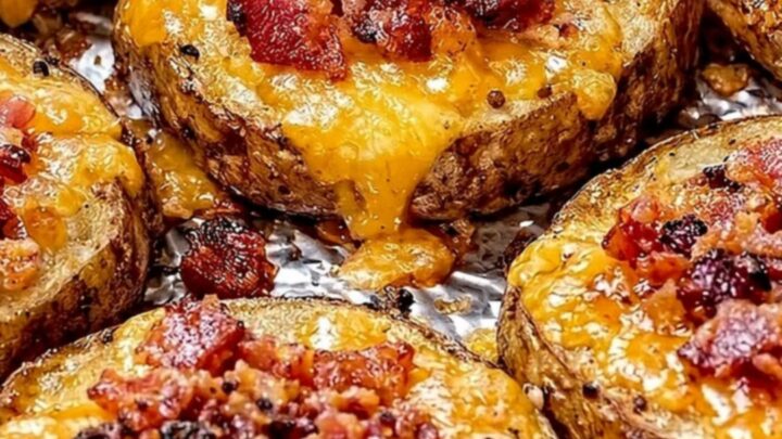 A close-up of a loaded potato round being lifted with a long, gooey pull of melted cheddar cheese and crispy bacon bits.