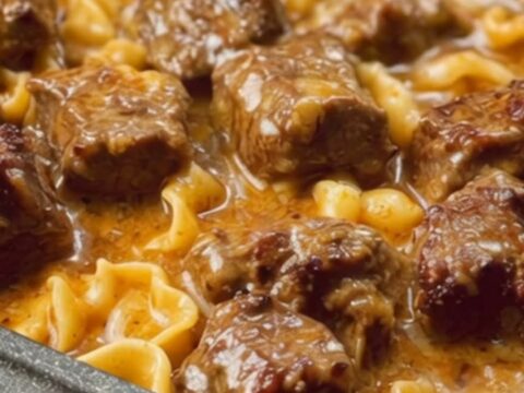 A rustic black casserole dish filled with tender braised beef tips and glossy spiral egg noodles.