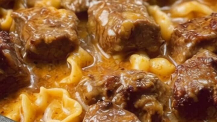 A rustic black casserole dish filled with tender braised beef tips and glossy spiral egg noodles.