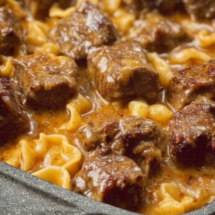 A rustic black casserole dish filled with tender braised beef tips and glossy spiral egg noodles.