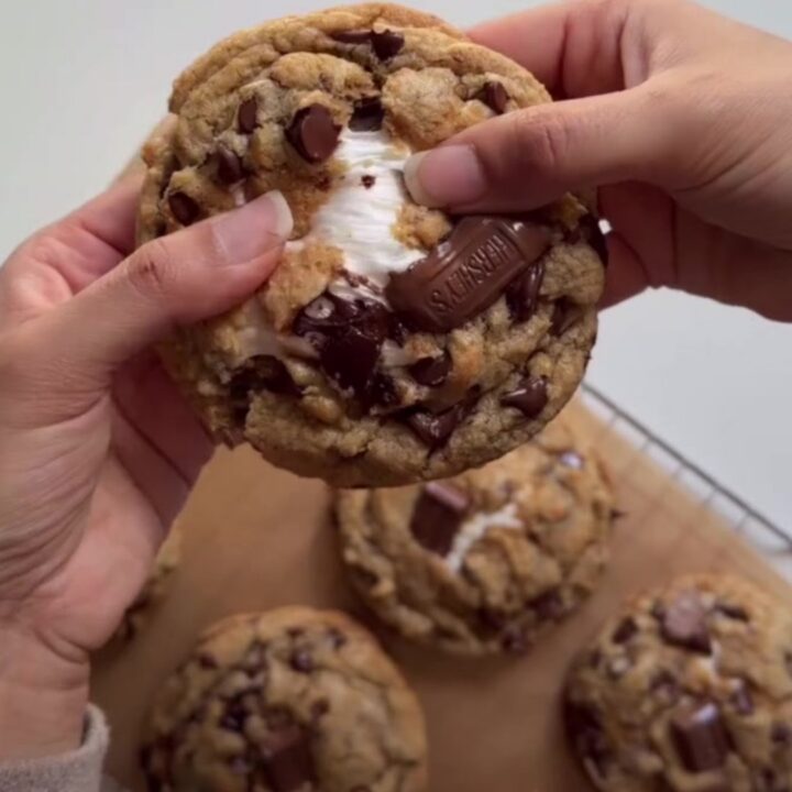 Warm s'mores stuffed chocolate chip cookie skillet with melted marshmallow and chocolate