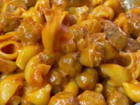 One-pan mini meatball and shell pasta with melted mozzarella cheese pull