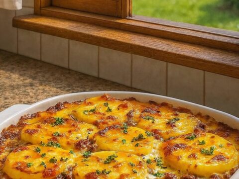 A golden, bubbly potato and beef casserole in a white ceramic dish next to a rustic window.