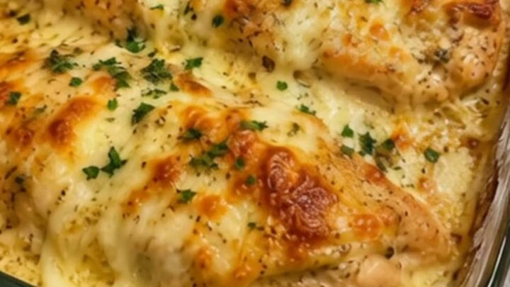 A close-up of a spatula lifting a juicy chicken breast from a glass dish with a long mozzarella cheese pull.